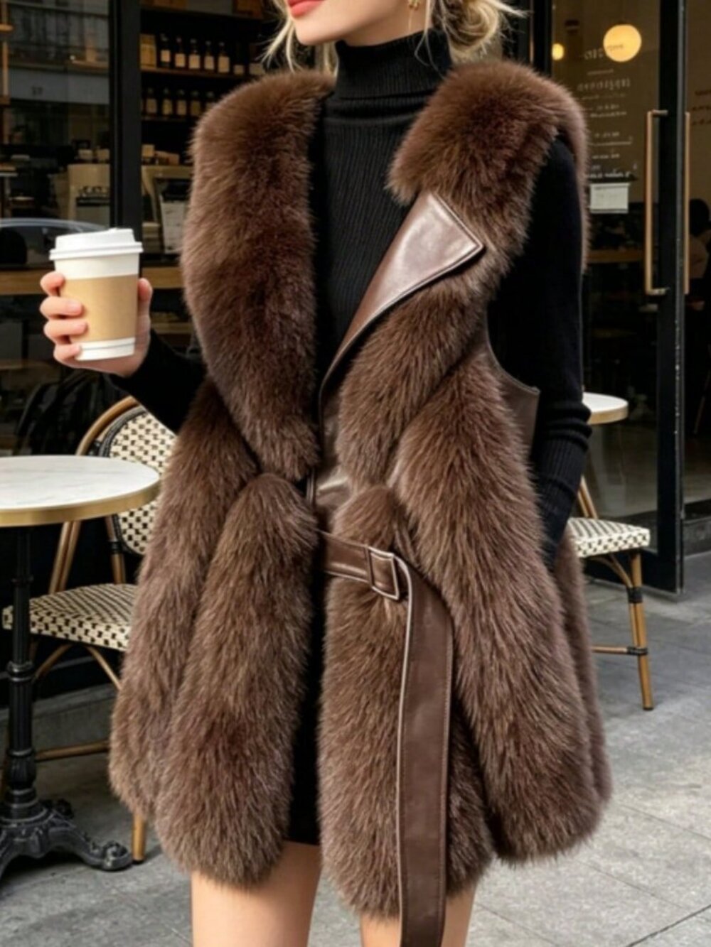 Brown Casual Women's Slim Fit And Versatile Faux Fur Vest Coat - Picture 3 of 5
